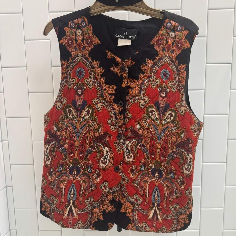 Vintage Carole Little Quilted Paisley Vest Red Black Rayon Boho Size 10 USA Made